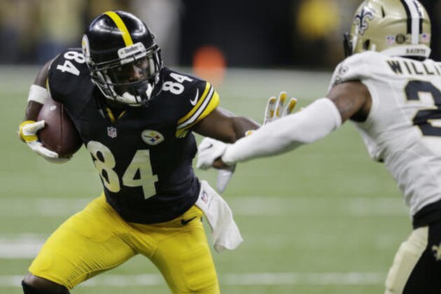 FILE - In a Friday, Aug. 26, 2016 file photo, Pittsburgh Steelers wide receiver Antonio Brown (84) runs against New Orleans Saints cornerback P.J. Williams (25) during the first half of an NFL preseason football game, in New Orleans. Brown, arguably the most dynamic offensive player in the league, broke his own franchise records last season by catching 136 passes for 1,834 yards. The Steelers went 10-6 and won a playoff game last season despite a down year for their playmaking quarterback because of injuries. (AP Photo/Butch Dill, File)