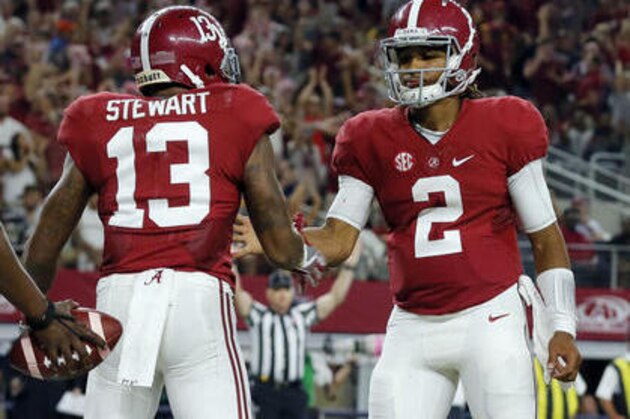 Alabama quarterback Jalen Hurts, right, is congratulated by teammate ArDarius Stewart after scoring on a 7-yard run during the second half of an NCAA college football game against Southern California on Saturday, Sept. 3, 2016, in Arlington, Texas. (AP Photo/Tony Gutierrez)