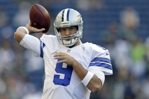Dallas Cowboys quarterback Tony Romo passes during warmups before a preseason NFL football game against the Seattle Seahawks, Thursday, Aug. 25, 2016, in Seattle. (AP Photo/Stephen Brashear)