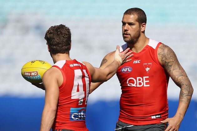 SYDNEY, AUSTRALIA - SEPTEMBER 06:  Tom Papley tries to bat the ball down as Lance Franklin passes him during a Sydney Swans AFL training session at ANZ Stadium on September 6, 2016 in Sydney, Australia.  (Photo by Mark Kolbe/Getty Images)