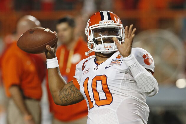 MIAMI GARDENS, FL - JANUARY 3: Tajh Boyd #10 of the Clemson Tigers throws the ball prior to the game against the Ohio State Buckeyes during the 2014 Discover Orange Bowl at Sun Life Stadium on January 3, 2014 in Miami, (Photo by Joel Auerbach/Getty Images)