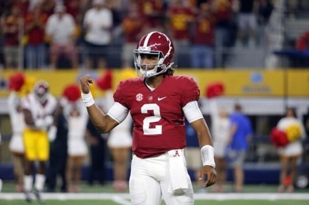Alabama quarterback Jalen Hurts looks to the sideline during the first half of an NCAA college football game against Southern California Saturday, Sept. 3, 2016, in Arlington, Texas. (AP Photo/Tony Gutierrez)