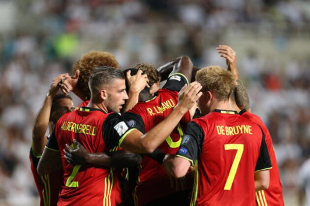 Belgium's Romelu Lukaku celebrates his goal against Cyprus with his teammates during the World Cup Group H qualifying soccer match, at GSP stadium, in Nicosia, Cyprus, Tuesday, Sept. 6, 2016. (AP Photo/Petros Karadjias)