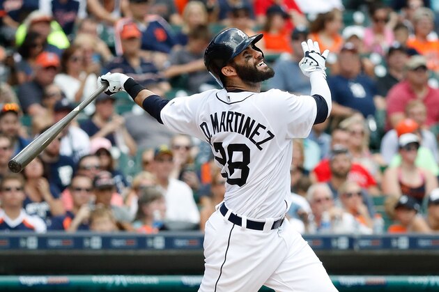 DETROIT, MI - AUGUST 28: J.D. Martinez #28 of the Detroit Tigers bats during the fourth inning during the second inning of the game against the Los Angeles Angels game on August 28, 2016 at Comerica Park in Detroit, Michigan. The Angels defeated the Tigers 5-0. (Photo by Leon Halip/Getty Images)