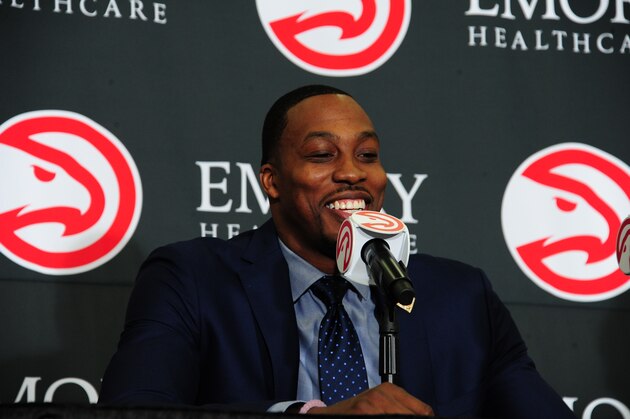 ATLANTA, GA - JULY 13 Dwight Howard #8 of the Atlanta Hawks speaks during a Press Conference for recent signees Dwight Howard and Kent Bazemore #24 on July 13, 2016 at William Walker Athletic Center in Atlanta, Georgia.  NOTE TO USER: User expressly acknowledges and agrees that, by downloading and/or using this Photograph, user is consenting to the terms and conditions of the Getty Images License Agreement. Mandatory Copyright Notice: Copyright 2016 NBAE (Photo by Scott Cunningham/NBAE via Getty Images)