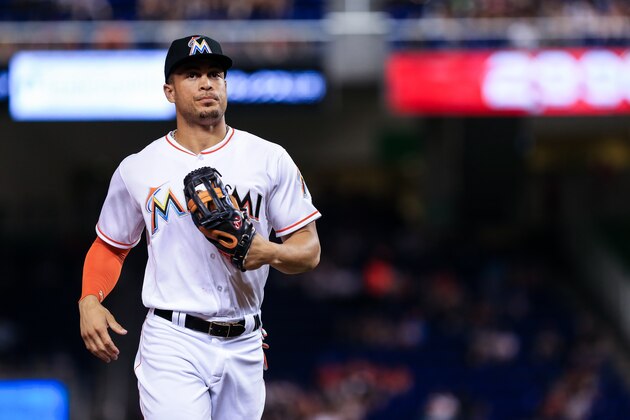 MIAMI, FL - JULY 25: Giancarlo Stanton #27 of the Miami Marlins looks on during the game against the Philadelphia Phillies at Marlins Park on July 25, 2016 in Miami, Florida. (Photo by Rob Foldy/Getty Images)