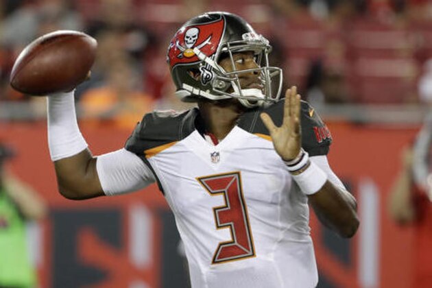 FILE - In this Aug. 26, 2016, file photo, Tampa Bay Buccaneers quarterback Jameis Winston throws a pass against the Cleveland Browns during the first quarter of an NFL football game, in Tampa, Fla. The Bucs improved from two wins in 2014 to six a year ago, when Winston took every snap as a rookie and threw for 4,042 yards and 22 touchdowns. (AP Photo/Chris O'Meara, File)
