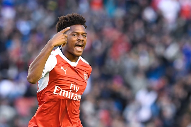 Arsenal's English forward Chuba Akpom celebrates after scoring during the friendly football match between Arsenal and Manchester City at the Ullevi stadium in Gothenburg on August 7, 2016. / AFP / JONATHAN NACKSTRAND        (Photo credit should read JONATHAN NACKSTRAND/AFP/Getty Images)