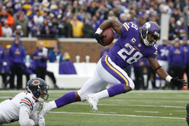 FILE - In this Dec. 20, 2015, file photo, Minnesota Vikings running back Adrian Peterson (28) breaks away from Chicago Bears defensive back Chris Prosinski during an NFL football game in Minneapolis. (AP Photo/Alex Brandon, File)