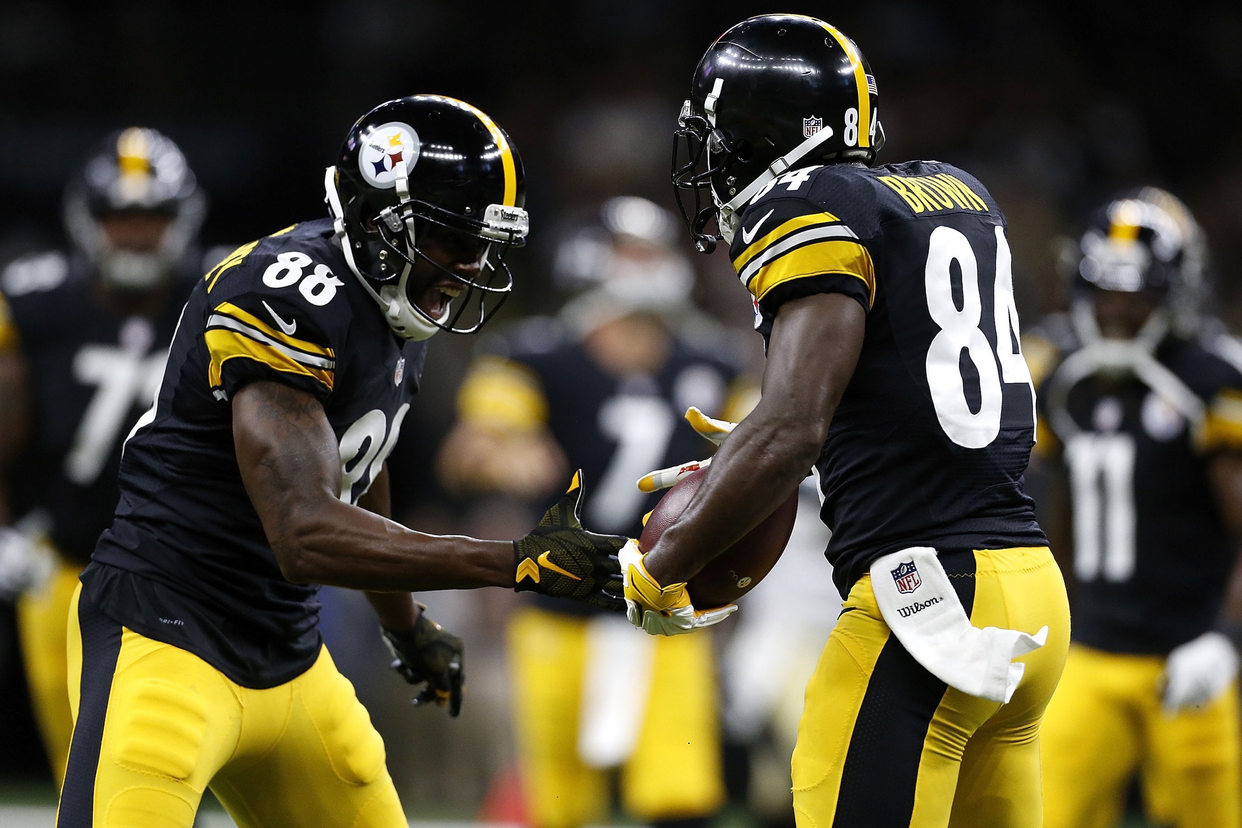 NEW ORLEANS, LA - AUGUST 26: Antonio Brown #84 of the Pittsburgh Steelers and Darrius Heyward-Bey #88 celebrate during the first half of a game at the Mercedes-Benz Superdome on August 26, 2016 in New Orleans, Louisiana.  (Photo by Jonathan Bachman/Getty Images)