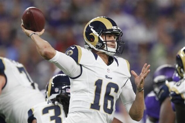 Los Angeles Rams quarterback Jared Goff throws a pass during the first half of an NFL preseason football game against the Minnesota Vikings Thursday, Sept. 1, 2016, in Minneapolis. (AP Photo/Andy Clayton-King)