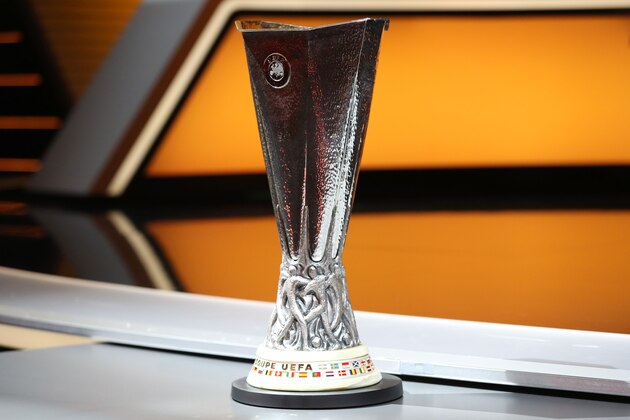 The UEFA Europa League trophy is pictured during the UEFA Europa League group stage draw ceremony, on August 26, 2016, in Monaco. / AFP / VALERY HACHE        (Photo credit should read VALERY HACHE/AFP/Getty Images)