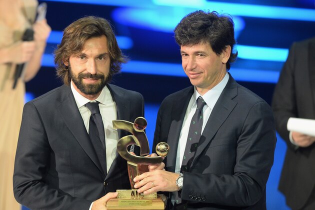MILAN, ITALY - JANUARY 27:  Andrea Pirlo (L) and Demetrio Albertini attend the Gran Gala del calcio Aic 2013 awards ceremony on January 27, 2014 in Milan, Italy.  (Photo by Claudio Villa/Getty Images)