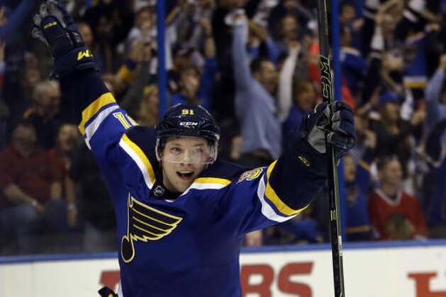 St. Louis Blues' Vladimir Tarasenko, of Russia, celebrates after scoring during the second period in Game 2 of an NHL hockey first-round Stanley Cup playoff series against the Chicago Blackhawks, Friday, April 15, 2016, in St. Louis. (AP Photo/Jeff Roberson)