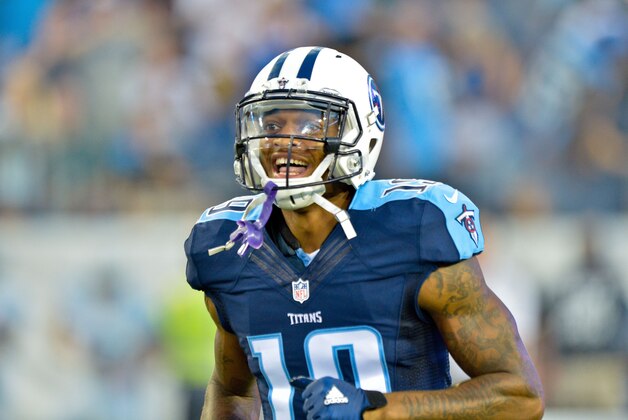 Aug 13, 2016; Nashville, TN, USA; Tennessee Titans wide receiver Tajae Sharpe (19) enters the field prior to the game against the San Diego Chargers at Nissan Stadium. Tennessee won 27-10. Mandatory Credit: Jim Brown-USA TODAY Sports