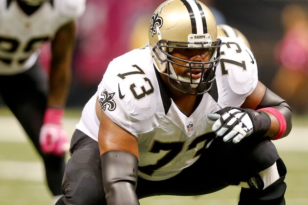 Oct 5, 2014; New Orleans, LA, USA; New Orleans Saints guard Jahri Evans (73) against the Tampa Bay Buccaneers during the second quarter of a game at Mercedes-Benz Superdome. Mandatory Credit: Derick E. Hingle-USA TODAY Sports