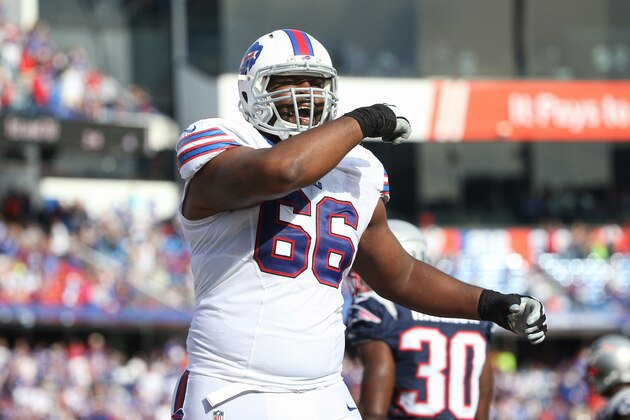 ORCHARD PARK, NY - SEPTEMBER 20: Seantrel Henderson #66 of the Buffalo Bills celebrates during NFL game action against the New England Patriots at Ralph Wilson Stadium on September 20, 2015 in Orchard Park, New York. (Photo by Tom Szczerbowski/Getty Images)