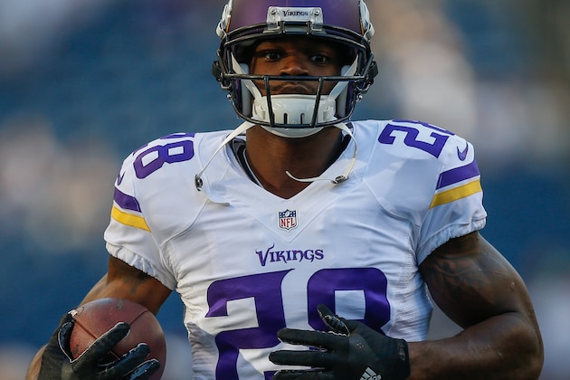 SEATTLE, WA - AUGUST 18:  Running back Adrian Peterson #28 of the Minnesota Vikings warms up prior to the game against the Seattle Seahawks at CenturyLink Field on August 18, 2016 in Seattle, Washington.  (Photo by Otto Greule Jr/Getty Images)