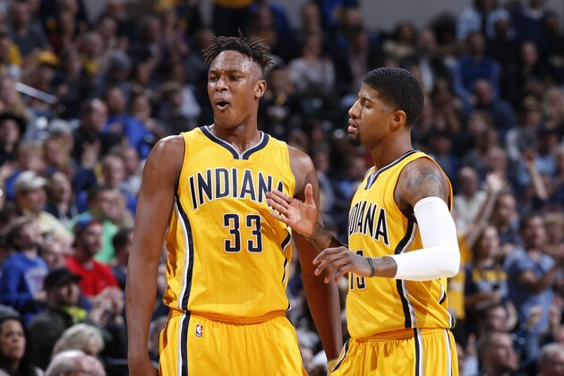INDIANAPOLIS, IN - FEBRUARY 6: Myles Turner #33 and Paul George #13 of the Indiana Pacers look on against the Detroit Pistons during the game at Bankers Life Fieldhouse on February 6, 2016 in Indianapolis, Indiana. The Pacers defeated the Pistons 112-104. NOTE TO USER: User expressly acknowledges and agrees that, by downloading and or using the photograph, User is consenting to the terms and conditions of the Getty Images License Agreement. (Photo by Joe Robbins/Getty Images)