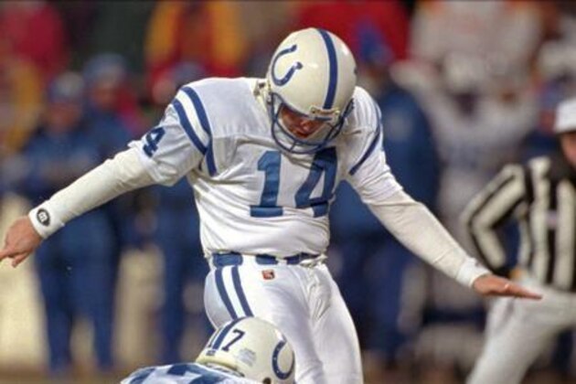 FILE - In this Jan. 7, 1996 file photo, Indianapolis Colts' Cary Blanchard (14) attempts a 30-yard field goal during the third quarter on the AFC divisional playoff game against the Kansas City Chiefs in Kansas City, Mo. Former Colts and Oklahoma State kicker Cary Blanchard died Tuesday, Sept. 6, 2016. He was 47.  (AP Photo/Mark Duncan, File)