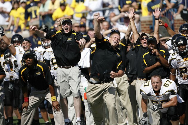 ANN ARBOR, MI - SEPTEMBER 1: Appalachian State celebrates their victory over the Michigan Wolverines 34-32 on September 1, 2007 at Michigan Stadium in Ann Arbor, Michigan.  (Photo by Leon Halip/Getty Images)