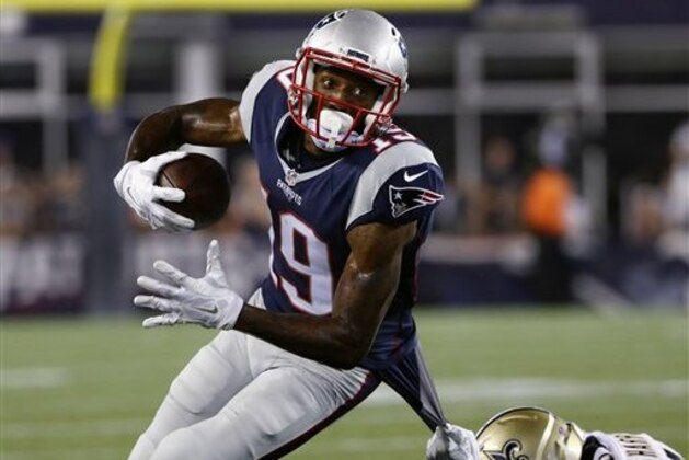 New England Patriots wide receiver Malcolm Mitchell runs during the first half of a preseason NFL football game against the New Orleans Saints Thursday, Aug. 11, 2016, in Foxborough, Mass. (AP Photo/Winslow Townson)