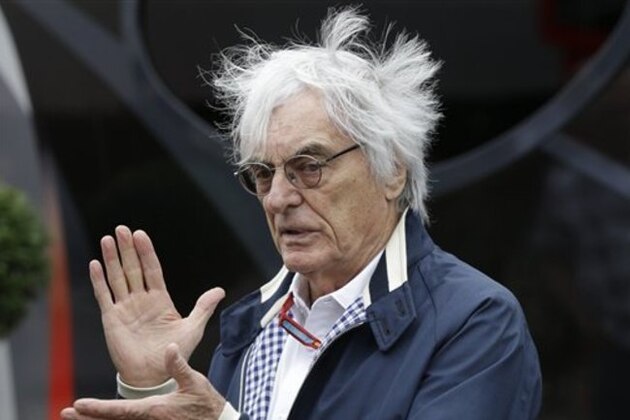 Formula Ones' chief executive Bernie Ecclestone gestures at a paddock after the third free practice at the Silverstone racetrack, Silverstone, England, Saturday, July 9, 2016. The British Formula One Grand Prix will be held on Sunday July 10. (AP Photo/Luca Bruno)