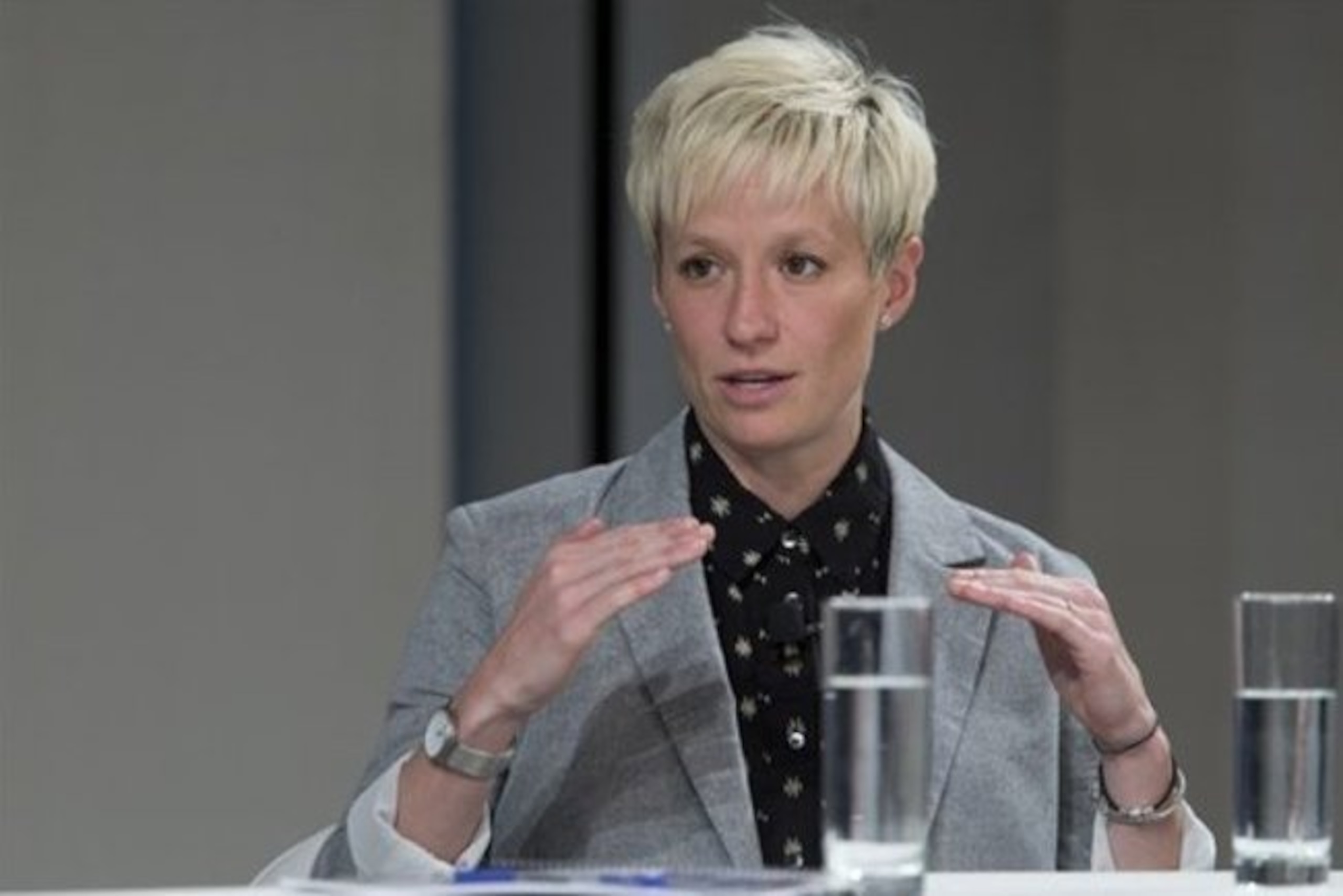 World Cup Champion & Olympic Gold Medalist Megan Rapinoe speaks during a Glassdoor Pay Equality Roundtable, Tuesday, April 12, 2016 in New York. (AP Photo/Mary Altaffer)