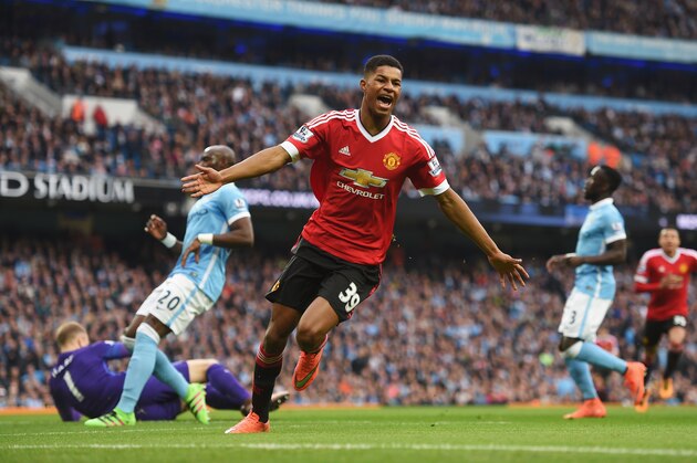 MANCHESTER, ENGLAND - MARCH 20:  Marcus Rashford of Manchester United celebrates as he scores their first goal during the Barclays Premier League match between Manchester City and Manchester United at Etihad Stadium on March 20, 2016 in Manchester, United Kingdom.  (Photo by Michael Regan/Getty Images)