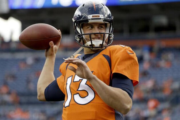 FILE - In this Aug. 27, 2016, file photo, Denver Broncos quarterback Trevor Siemian (13) warms up prior to an NFL preseason football game against the Los Angeles Rams, in Denver. Siemian is Peyton Manning's successor. Coach Gary Kubiak told the team Monday, Aug. 29, 2016,  that Siemian will be the starting quarterback when the Broncos face Carolina in the season opener Sept. 8. Kubiak informed Siemian, Mark Sanchez and Paxton Lynch of his decision before telling their teammates.  (AP Photo/Jack Dempsey, File)