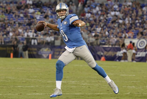 Aug 27, 2016; Baltimore, MD, USA; Detroit Lions quarterback Matthew Stafford (9) scrambles to pass during the second quarter against the Baltimore Ravens at M&T Bank Stadium. Mandatory Credit: Tommy Gilligan-USA TODAY Sports