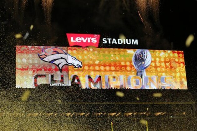 The Levi's Stadium scoreboard celebrates the Denver Broncos championship after winning the NFL Super Bowl 50 football game Sunday, Feb. 7, 2016, in Santa Clara, Calif.  (AP Photo/Gregory Payan)