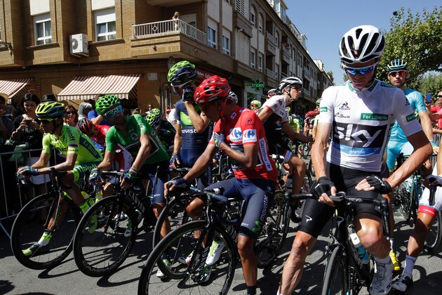 (L to R) Tinkoff's Spanish cyclist Alberto Contador  Movistar's Spanish cyclist Alejandro Valverde Movistar's Spanish cyclist Manuel Chves Movistar's Colombian cyclist Nairo Quintana and Sky's British cyclist Christopher Froome wait for the start of the 18th stage of the 71st edition of 'La Vuelta' Tour of Spain, a 191km route Requena to Gandia, on September 8, 2016. / AFP / JOSE JORDAN        (Photo credit should read JOSE JORDAN/AFP/Getty Images)