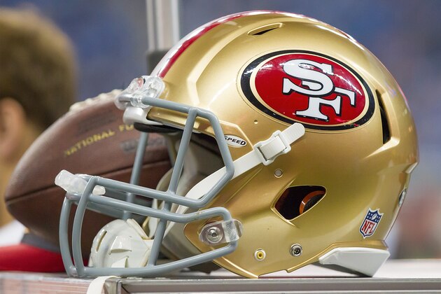 DETROIT, MI - DECEMBER 27: A San Francisco 49ers helmet sits on a equipment box during an NFL game against the Detroit Lions at Ford Field on December 27, 2015 in Detroit, Michigan. The Lions defeated the 49ers 32-17. (Photo by Dave Reginek/Getty Images)