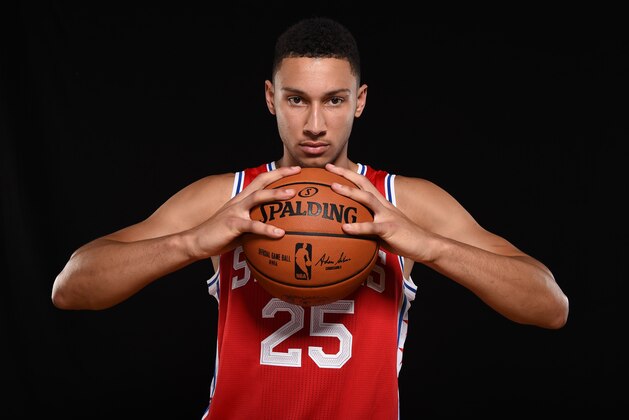 TARRYTOWN, NY - AUGUST 7:  Ben Simmons #25 of the Philadelphia 76ers poses for a portrait during the 2016 NBA rookie photo shoot on August 7, 2016 at the Madison Square Garden Training Facility in Tarrytown, New York. NOTE TO USER: User expressly acknowledges and agrees that, by downloading and or using this photograph, User is consenting to the terms and conditions of the Getty Images License Agreement. Mandatory Copyright Notice: Copyright 2016 NBAE (Photo by Brian Babineau/NBAE via Getty Images)