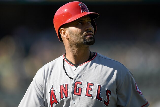 OAKLAND, CA - SEPTEMBER 05:  Albert Pujols #5 of the Los Angeles Angels of Anaheim looks up at the score board after he flying out to center field against the Oakland Athletics in the top of the eighth inning at Oakland-Alameda County Coliseum on September 5, 2016 in Oakland, California.  (Photo by Thearon W. Henderson/Getty Images)