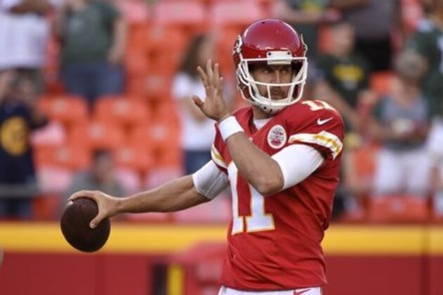 Kansas City Chiefs quarterback Alex Smith (11) throws during warmups before an NFL preseason football game against the Green Bay Packers in Kansas City, Mo., Thursday, Sept. 1, 2016. (AP Photo/Ed Zurga)