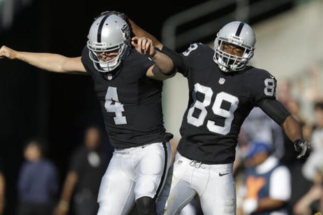 Oakland Raiders wide receiver Amari Cooper, right, celebrates with quarterback Derek Carr, left, after scoring a touchdown during the first half of an NFL preseason football game against the Tennessee Titans Saturday, Aug. 27, 2016, in Oakland, Calif. (AP Photo/Ben Margot)