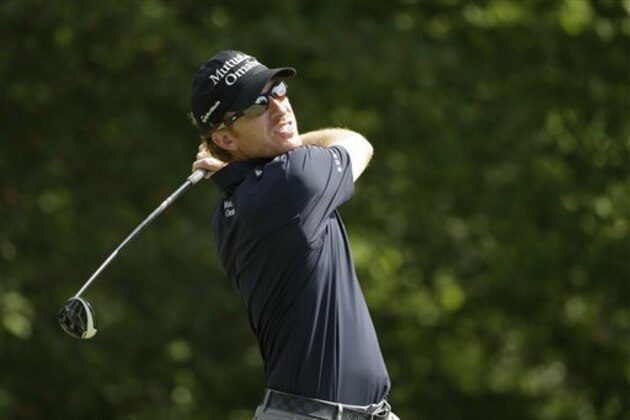 Roberto Castro watches his tee shot on the fourth hole during the third round of the Deutsche Bank Championship golf tournament Sunday, Sept. 4, 2016, in Norton, Mass. (AP Photo/Steven Senne)