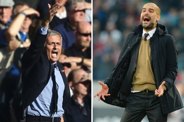 A combination of pictures created in London on September 8, 2016 shows Chelsea's Portuguese manager Jose Mourinho reacting during the English Premier League football match between Chelsea and Liverpool at Stamford Bridge in London on October 31, 2015, and Bayern Munich's Spanish head coach Pep Guardiola reacts during the German first division Bundesliga football match Hannover 96 vs FC Bayern Munich on December 19, 2015 in Hanover, central Germany.
Manchester United welcome Manchester City to Old Trafford on September 10, 2016 in a derby match that sees opposing managers Jose Mourinho and Pep Guardiola renew their sulphurous rivalry.
 / AFP / Nigel TREBLIN AND Justin TALLIS / RESTRICTED TO EDITORIAL USE. NO USE WITH UNAUTHORIZED AUDIO, VIDEO, DATA, FIXTURE LISTS, CLUB/LEAGUE LOGOS OR 'LIVE' SERVICES. ONLINE IN-MATCH USE LIMITED TO 75 IMAGES, NO VIDEO EMULATION. NO USE IN BETTING, GAMES OR SINGLE CLUB/LEAGUE/PLAYER PUBLICATIONS.  /         (Photo credit should read NIGEL TREBLIN,JUSTIN TALLIS/AFP/Getty Images)