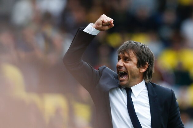 Chelsea's Italian head coach Antonio Conte reacts at the final whistle on the touchline during the English Premier League football match between Watford and Chelsea at Vicarage Road Stadium in Watford, north of London on August 20, 2016. / AFP / Ian Kington / RESTRICTED TO EDITORIAL USE. No use with unauthorized audio, video, data, fixture lists, club/league logos or 'live' services. Online in-match use limited to 75 images, no video emulation. No use in betting, games or single club/league/player publications.  /         (Photo credit should read IAN KINGTON/AFP/Getty Images)