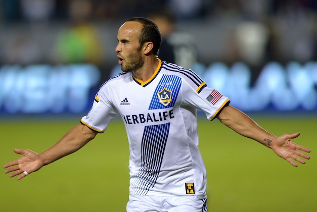 Nov 9, 2014; Carson, CA, USA; Los Angeles Galaxy forward Landon Donovan  (10) reacts after scoring his third goal for a hat trick against the Real Salt Lake during the second half at StubHub Center. Mandatory Credit: Jake Roth-USA TODAY Sports