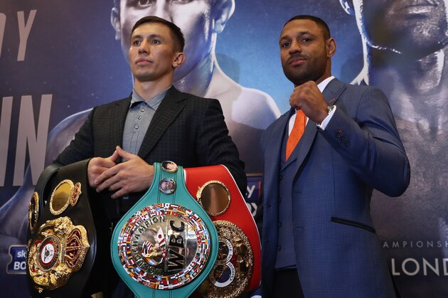LONDON, ENGLAND - SEPTEMBER 08:  Gennady Golovkin (l) of Kazakhstan poses with Kell Brook of Great Britain for a photo at a press conference ahead of their fight on Saturday night on September 8, 2016 in London, England.  (Photo by Bryn Lennon/Getty Images)