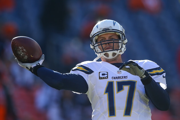 DENVER, CO - JANUARY 3:  Quarterback Philip Rivers #17 of the San Diego Chargers throws during player warm ups before a game against the San Diego Chargers at Sports Authority Field at Mile High on January 3, 2016 in Denver, Colorado. (Photo by Justin Edmonds/Getty Images)