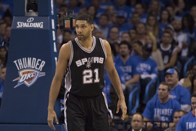 OKLAHOMA CITY, OK - MAY 12: Tim Duncan #21 of the San Antonio Spurs waits for the Oklahoma City Thunder to bring the ball down court during the second half of Game Six of the Western Conference Semifinals during the 2016 NBA Playoffs at the Chesapeake Energy Arena on May 12, 2016 in Oklahoma City, Oklahoma.   NOTE TO USER: User expressly acknowledges and agrees that, by downloading and or using this photograph, User is consenting to the terms and conditions of the Getty Images License Agreement. (Photo by J Pat Carter/Getty Images)
