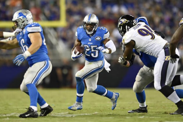 Detroit Lions running back Theo Riddick (25) rushes against the Baltimore Ravens in the first half of a preseason NFL football game, Saturday, Aug. 27, 2016, in Baltimore. (AP Photo/Gail Burton)
