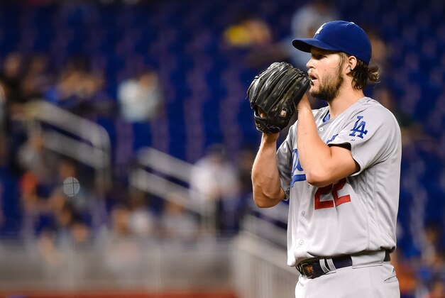 Sep 9, 2016; Miami, FL, USA; Los Angeles Dodgers starting pitcher Clayton Kershaw (22) delivers a pitch during the first inning against the Miami Marlins at Marlins Park. Mandatory Credit: Steve Mitchell-USA TODAY Sports