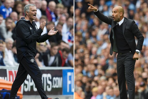 A combination of pictures created in London on September 8, 2016 shows Manchester United's Portuguese manager Jose Mourinho (L) shouting on the touchline during the pre-season friendly football match between Wigan Athletic and Manchester United at the DW stadium in Wigan, northwest England, on July 16, 2016 and Manchester City's Spanish manager Pep Guardiola (R) gesturing from the touchline during the English Premier League football match between Manchester City and Sunderland at the Etihad Stadium in Manchester, north west England, on August 13, 2016.Manchester United welcome Manchester City to Old Trafford on September 10, 2016 in a derby match that sees opposing managers Jose Mourinho and Pep Guardiola renew their sulphurous rivalry. / AFP / PAUL ELLIS AND JON SUPER / RESTRICTED TO EDITORIAL USE. No use with unauthorized audio, video, data, fixture lists, club/league logos or 'live' services. Online in-match use limited to 75 images, no video emulation. No use in betting, games or single club/league/player