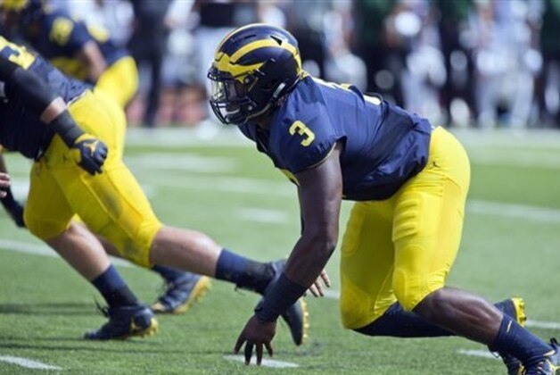 Michigan defensive end Rashan Gary (3) moves off the line on the play in the third quarter of an NCAA college football game against Hawaii at Michigan Stadium in Ann Arbor, Mich., Saturday, Sept. 3, 2016. Michigan 63-3. (AP Photo/Tony Ding)
