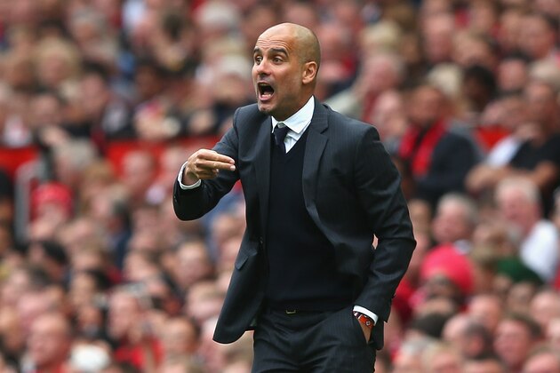 MANCHESTER, ENGLAND - SEPTEMBER 10:  Josep Guardiola, Manager of Manchester City reacts during the Premier League match between Manchester United and Manchester City at Old Trafford on September 10, 2016 in Manchester, England.  (Photo by Alex Livesey/Getty Images)